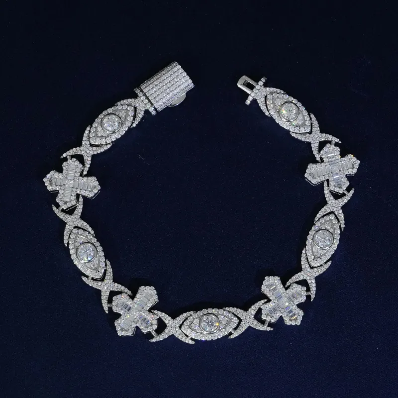 14MM Moissanite Baguette Cross Evil Eyes Bracelet sold by Ghetluxe