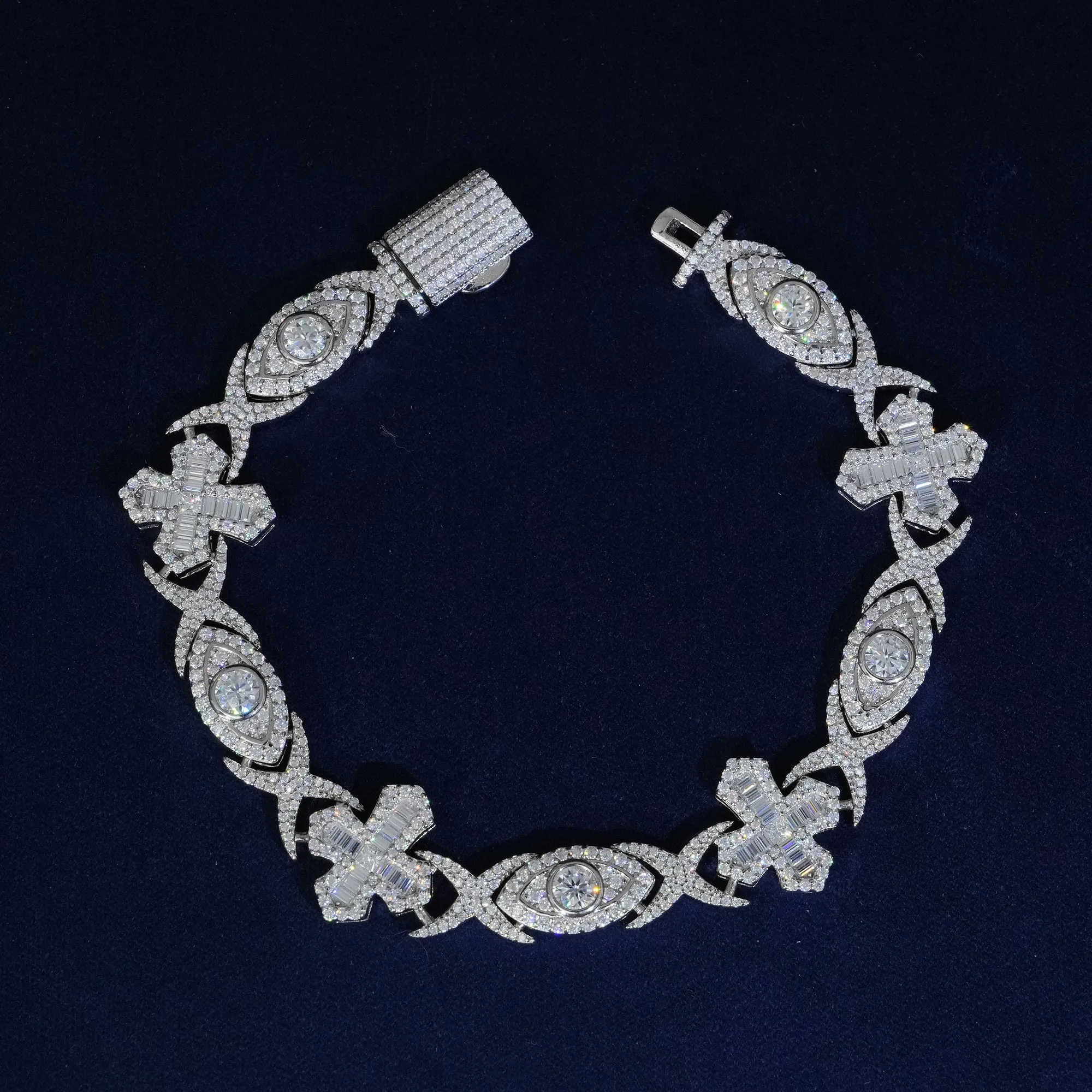 14MM Moissanite Baguette Cross Evil Eyes Bracelet sold by Ghetluxe