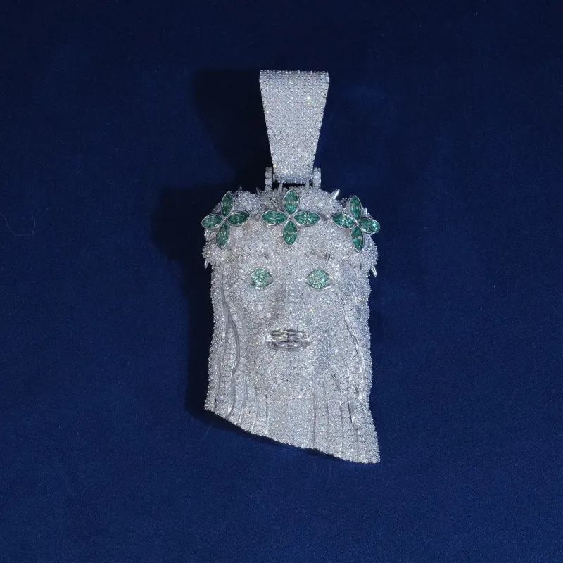 Green Wreath Moissanite Solid Back Jesus Pendant sold by Ghetluxe