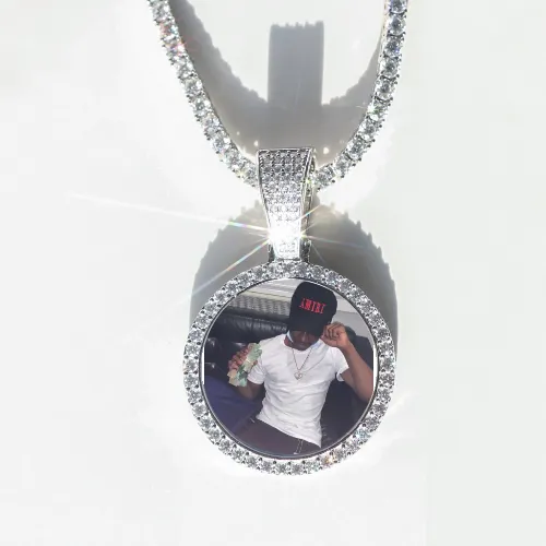 Round VVS Moissanite Custom Photo Pendant in Vermeil sold by Ghetluxe