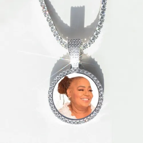 Round VVS Moissanite Custom Photo Pendant in Vermeil sold by Ghetluxe