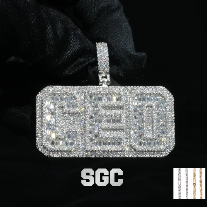 Custom Baguette Three Letter Plate Pendant sold by Ghetluxe