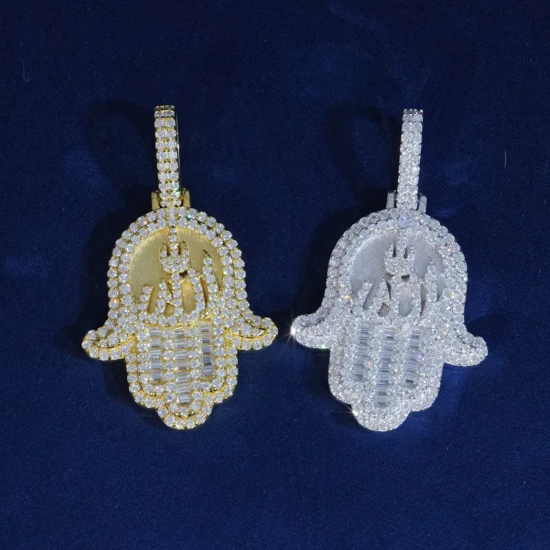Moissanite Round & Baguette Cut Hamsa Hand Pendant sold by Ghetluxe