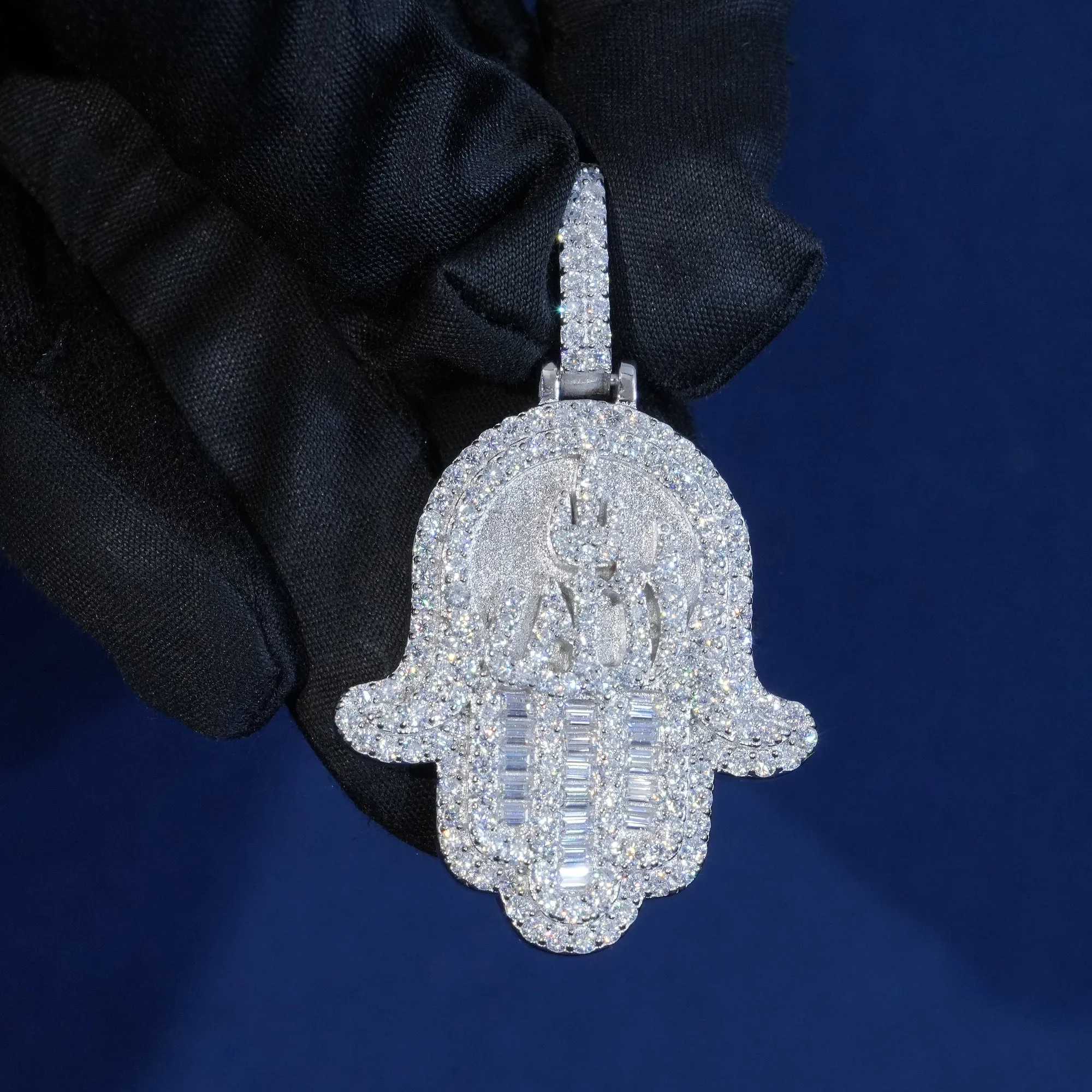 Moissanite Round & Baguette Cut Hamsa Hand Pendant sold by Ghetluxe product image thumbnail 2