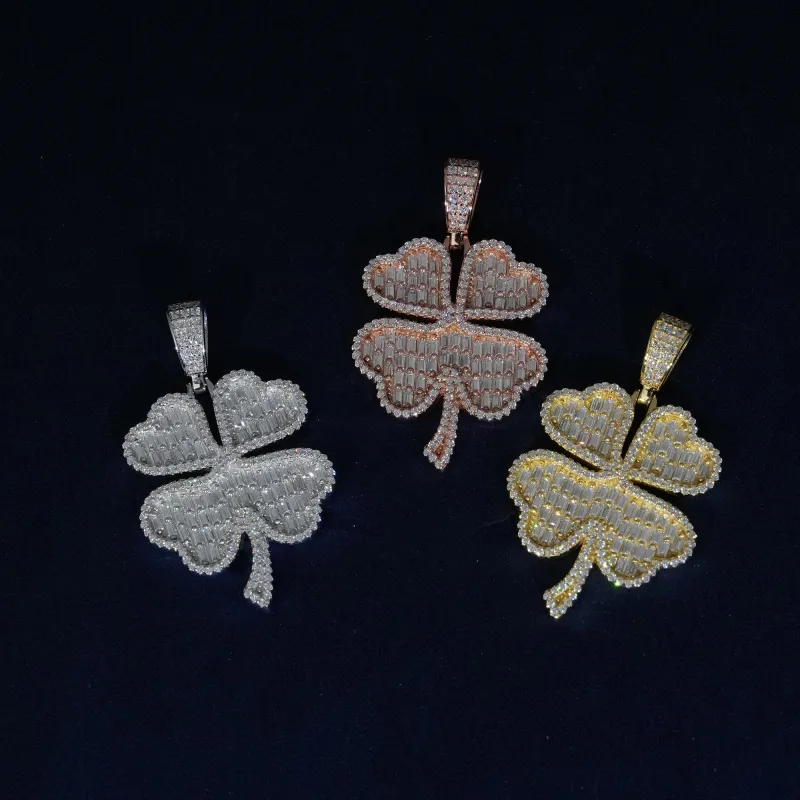 Baguette Moissanite Clover Pendant Necklace sold by Ghetluxe