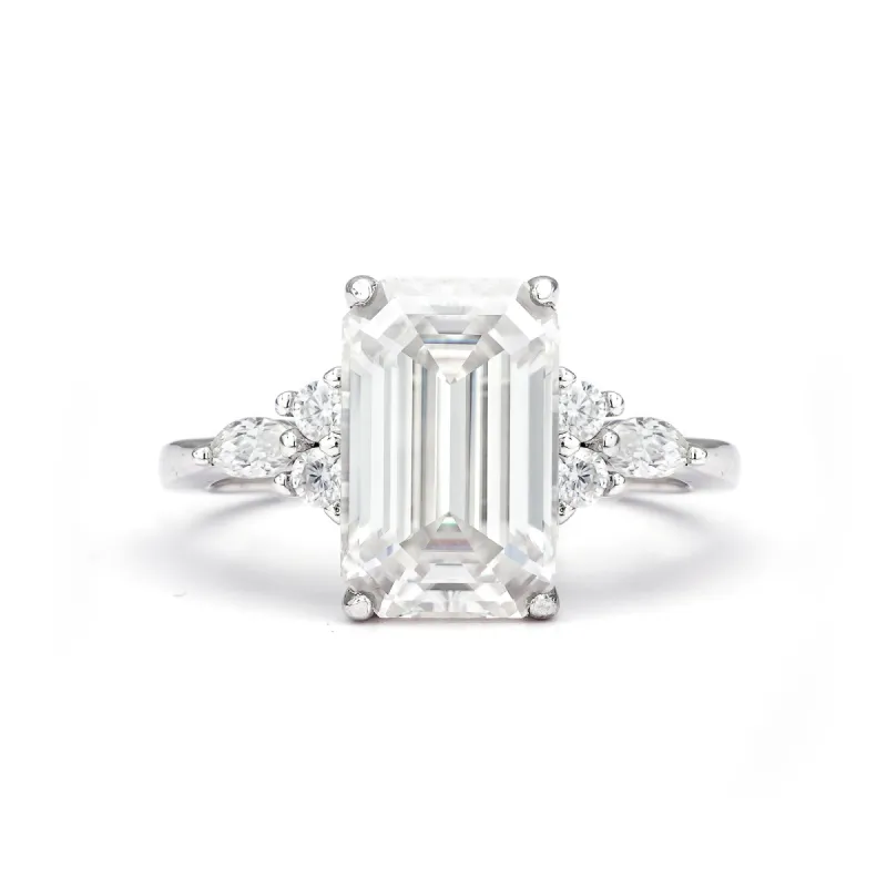 Luxe Three Stone Emerald Cut Moissanite Ring in Sterling Silver sold by Ghetluxe
