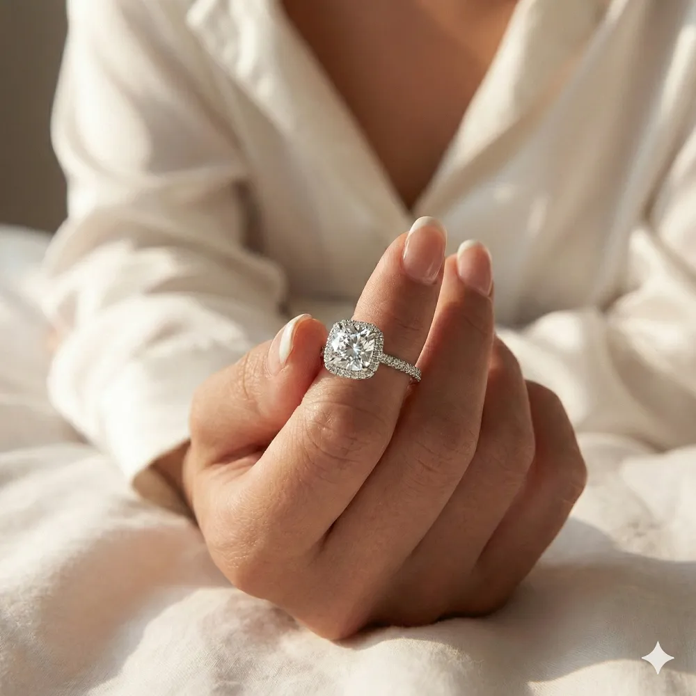 Adorned Cushion Halo Round Cut Moissanite Ring sold by Ghetluxe product image thumbnail 2