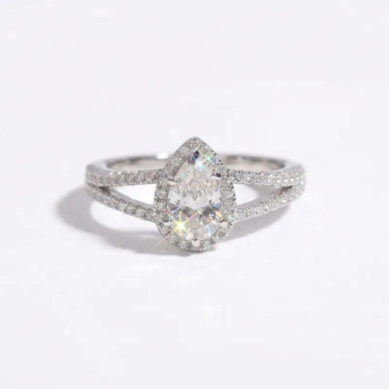 Pear Cut Halo Moissanite Ring with Pavé Band made by Ghetluxe
