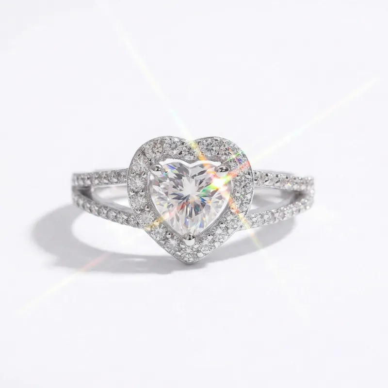 Heart Shape Halo Moissanite Ring with Pavé Band made by Ghetluxe