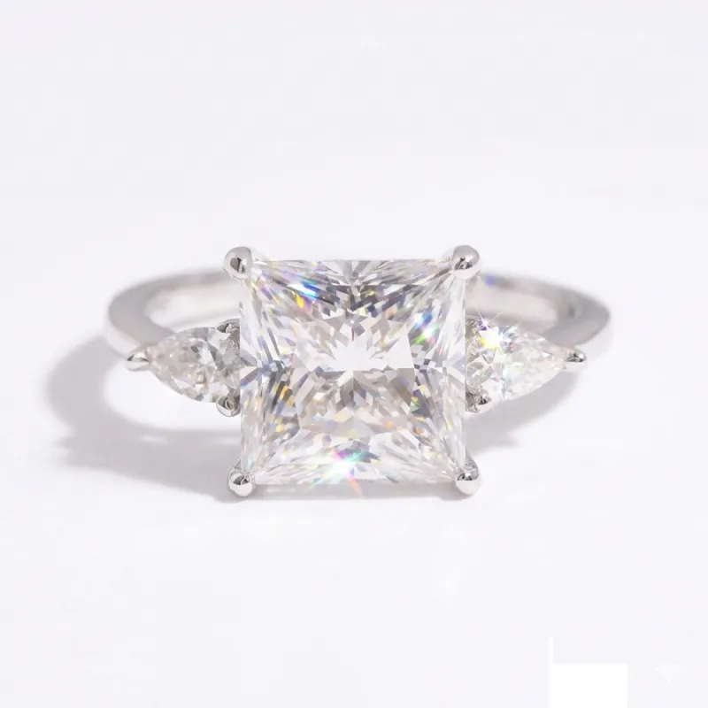 Princess Cut Moissanite Engagement Ring in Three Stone Setting made by Ghetluxe