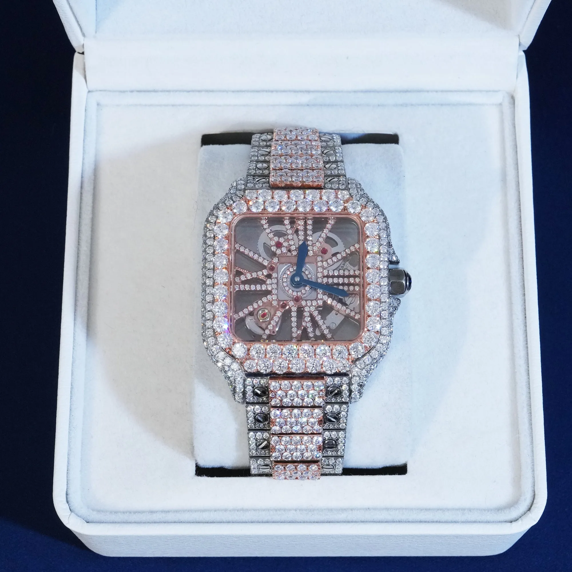 Moissanite Two-Tone Skeleton Mechanical Watch sold by Ghetluxe