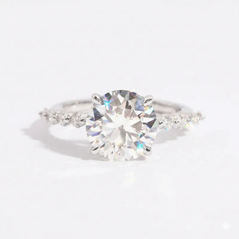 Round Cut Moissanite Engagement Ring with Pavé Band made by Ghetluxe