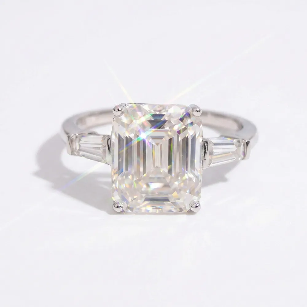 Emerald Cut Moissanite Three Stone Engagement Ring sold by Ghetluxe