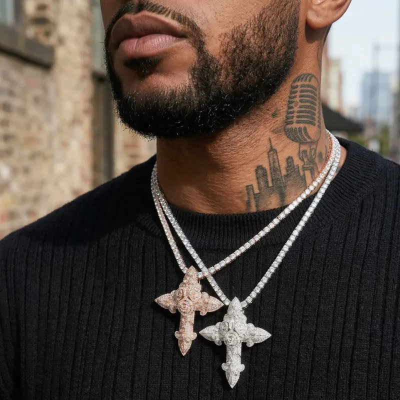 Moissanite Cross With Rose Flower Pendant sold by Ghetluxe