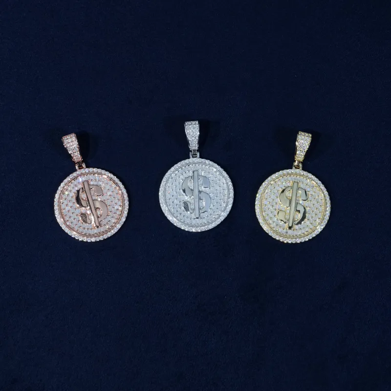 Moissanite Iced Dollar $ Sign Round Pendant S925 made by Ghetluxe