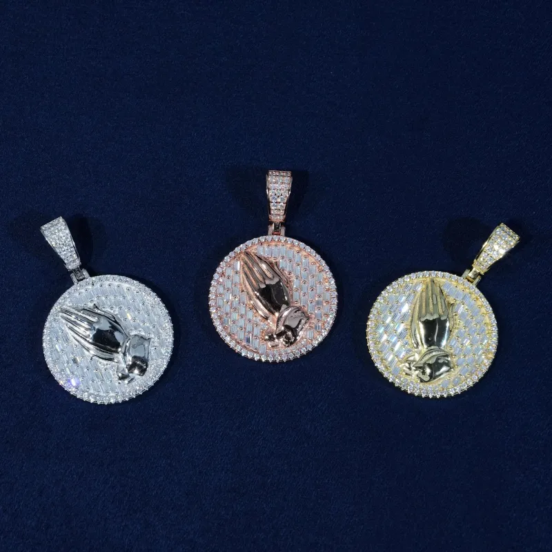 Baguette Moissanite Praying Hands Pendant S925 made by Ghetluxe