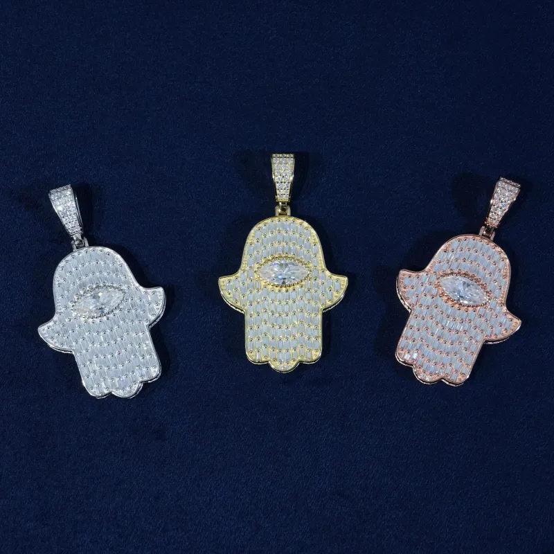 Baguette Moissanite Hamsa Evil Eye Pendant S925 made by Ghetluxe