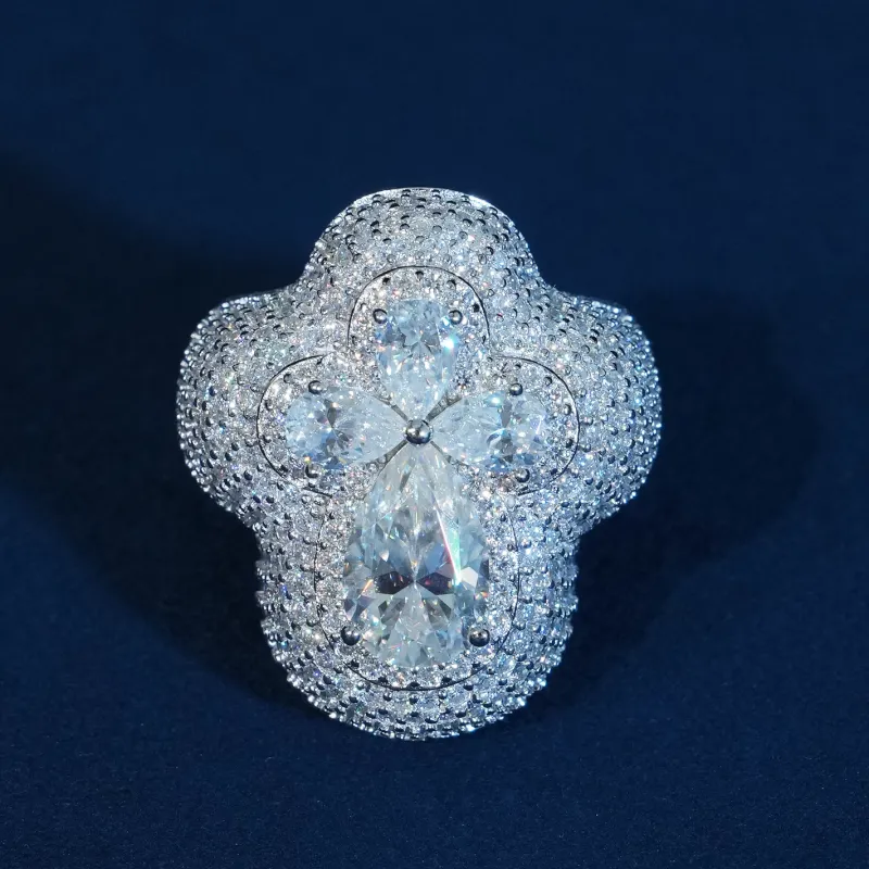Iced Out Clover Moissanite Ring 925 Sterling Silver made by Ghetluxe