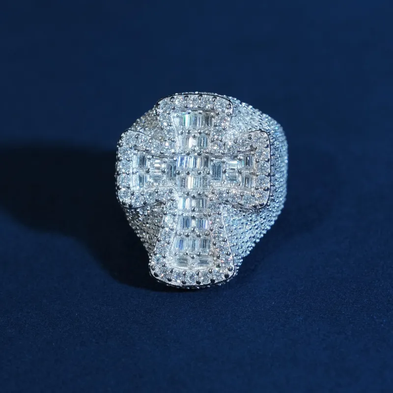 Iced Out Baguette Cross Moissanite Ring 925 Sterling Silver made by Ghetluxe
