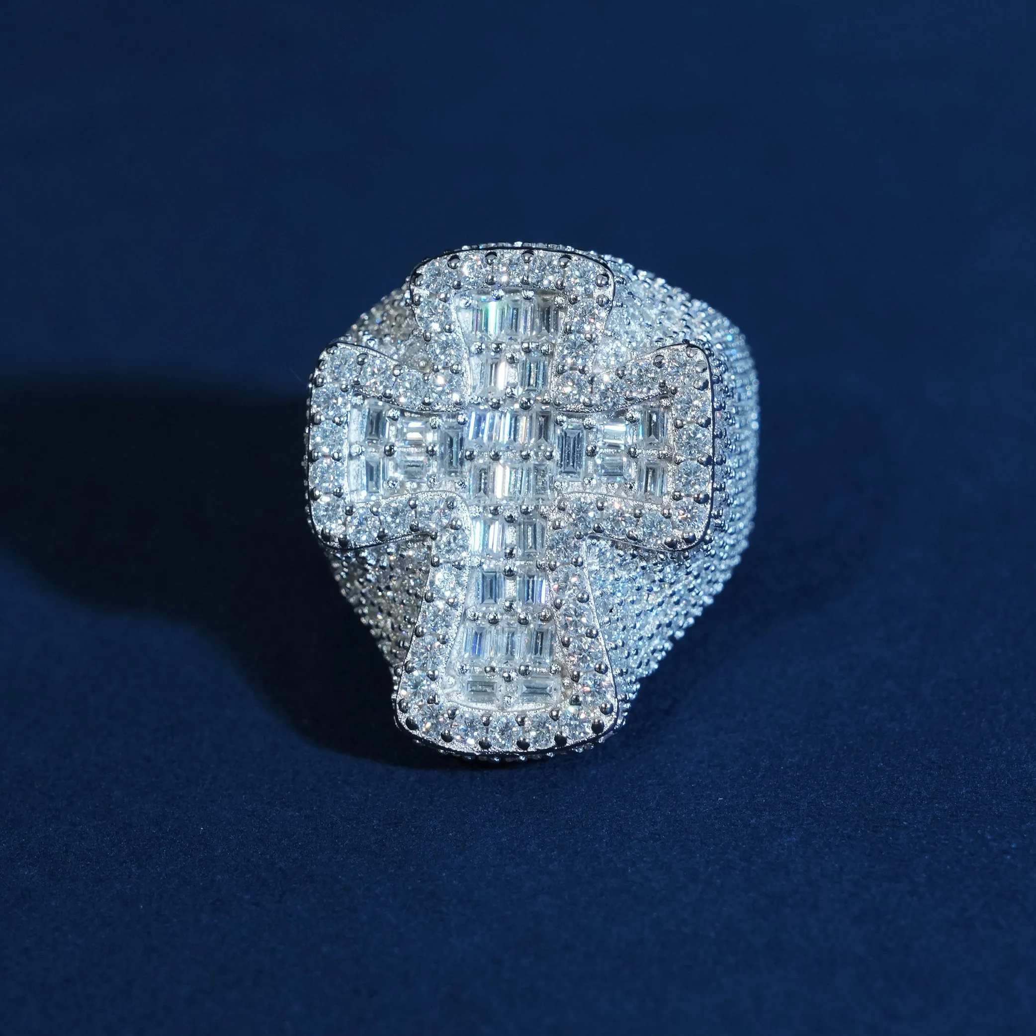 Iced Out Baguette Cross Moissanite Ring 925 Sterling Silver sold by Ghetluxe