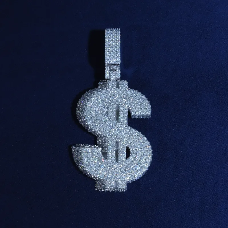 Iced Out Moissanite Money Sign Pendant 925 Sterling Silver made by Ghetluxe