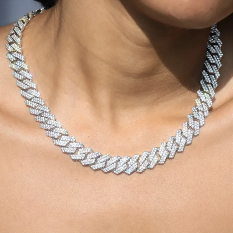 Women's 13mm Diamond Prong Cuban Chain in White Gold sold by Ghetluxe