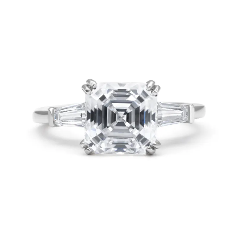 Baguette Three Stone Asscher Cut Moissanite Ring made by Ghetluxe