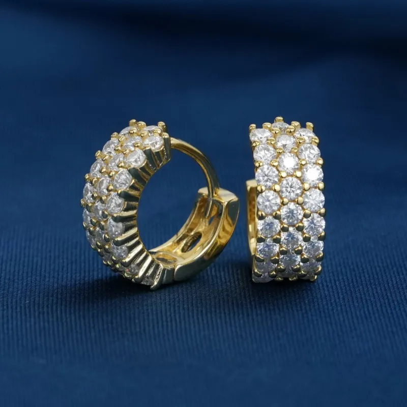 3-Row Moissanite Huggie Hoop Earrings in Sterling Silver sold by Ghetluxe