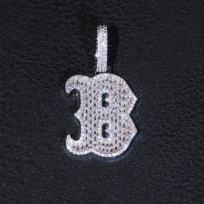 Full Baguette Script Letter B Pendant sold by Ghetluxe