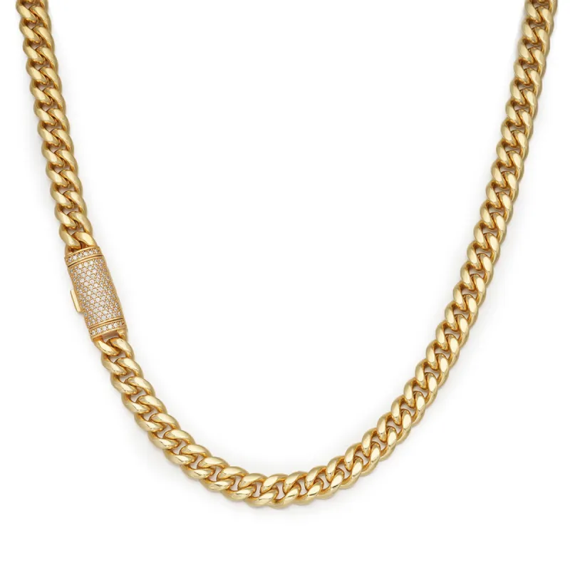 8mm Plain Gold Cuban Link Chain with Moissanite Box Clasp sold by Ghetluxe