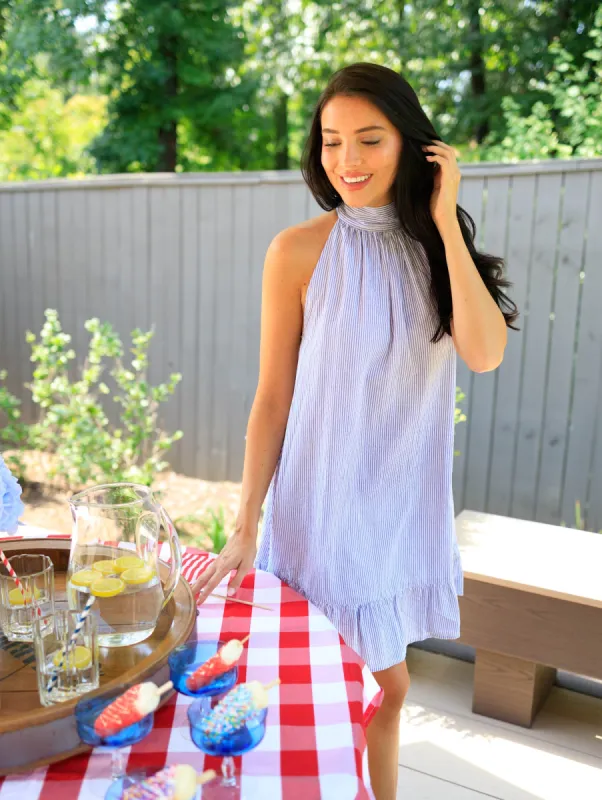Sydney Dress-Blue Seersucker sold by Holly Shae