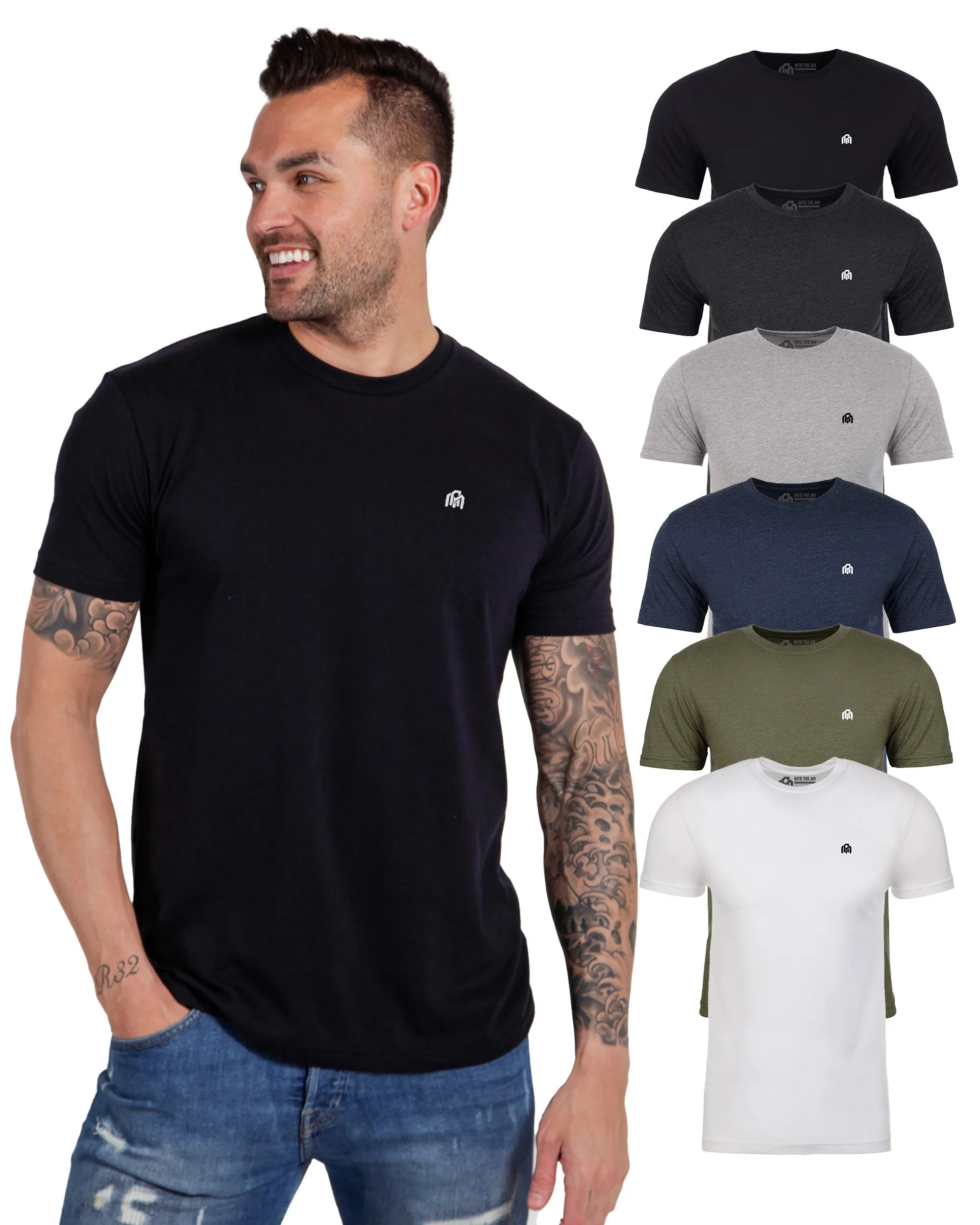 Basic Tee 6-Pack (Black/Charcoal/Grey/Navy/Olive Green/White) sold by INTO THE AM