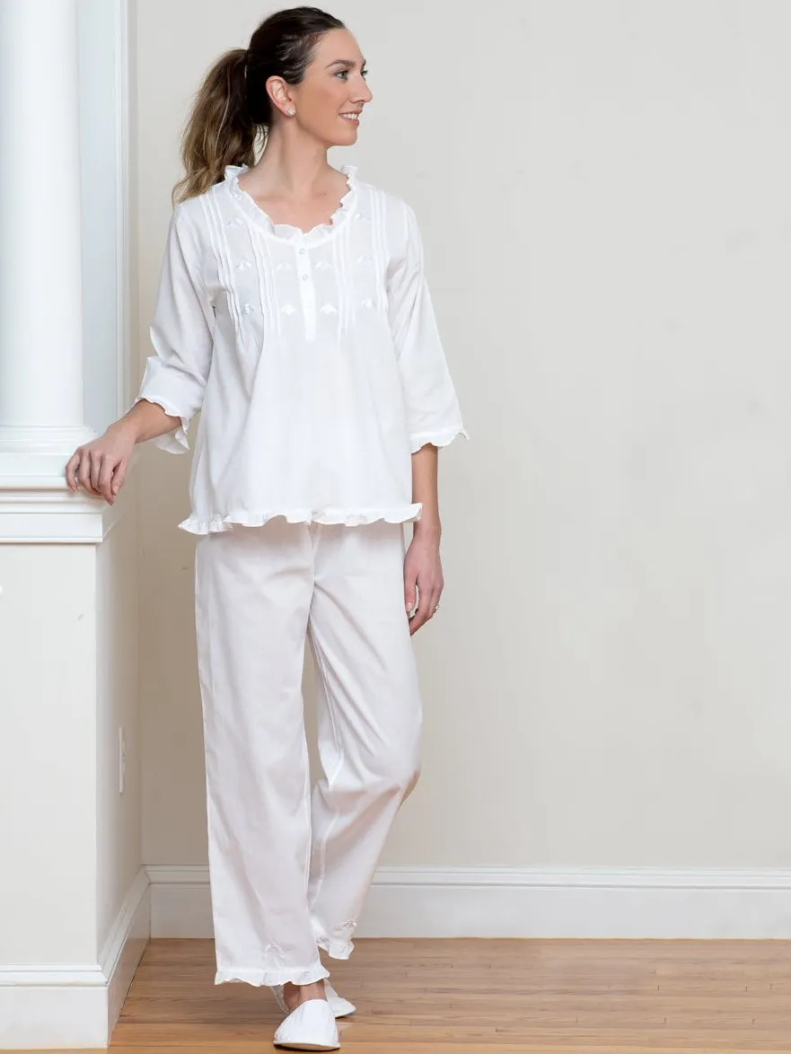 Caroline White Cotton Pajamas, Embroidered sold by Jacaranda Living product image thumbnail 2
