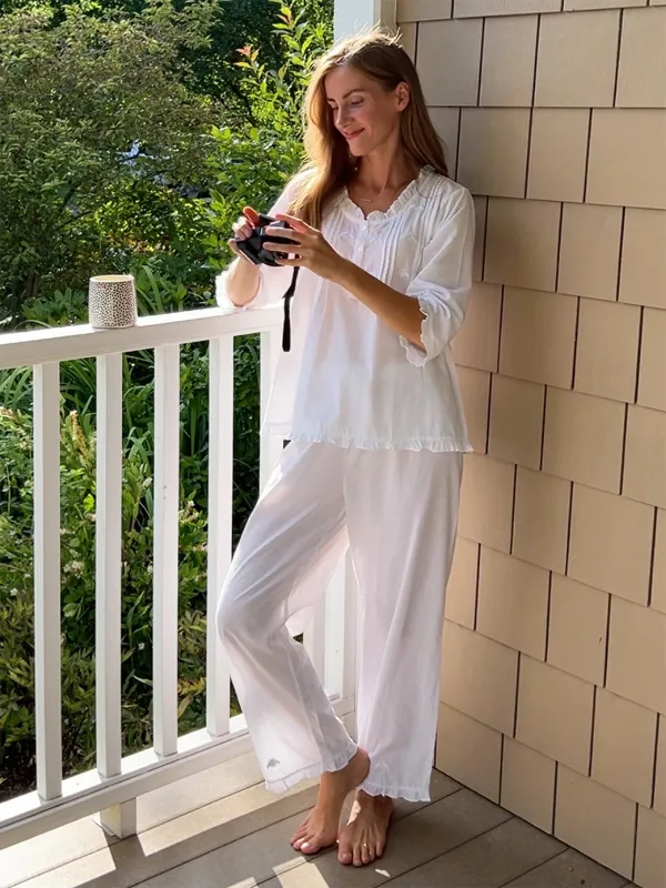 Caroline White Cotton Pajamas, Embroidered sold by Jacaranda Living