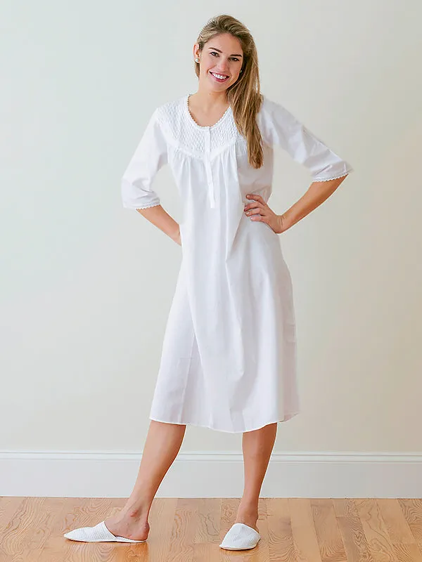 Liz White Cotton Nightgown, Smocking & Lace sold by Jacaranda Living