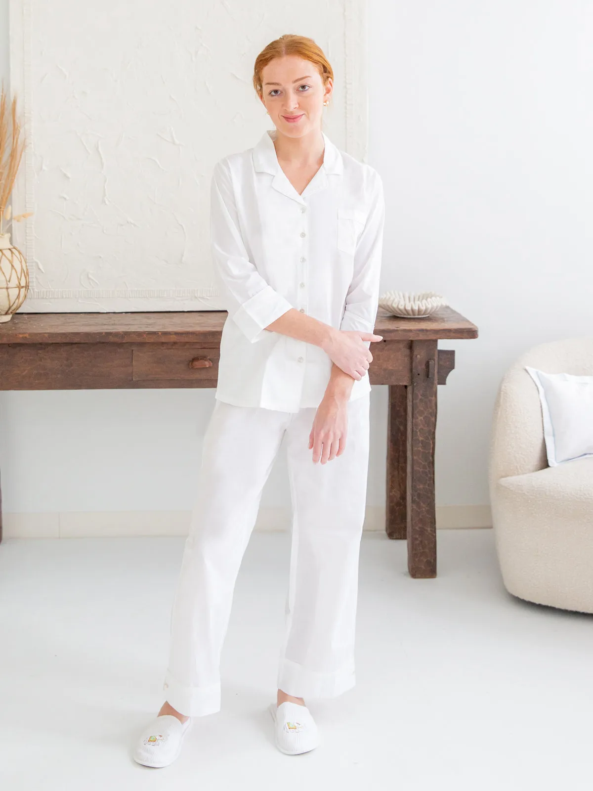 Laurie White Cotton Pajamas, Embroidered sold by Jacaranda Living
