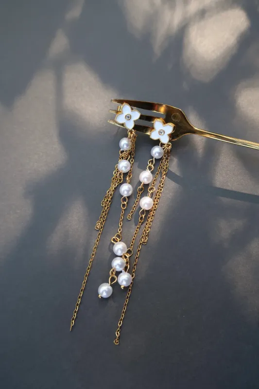 Golden Glam Pearl 316L Stainless Steel Drop Earrings sold by KC Chic Designs