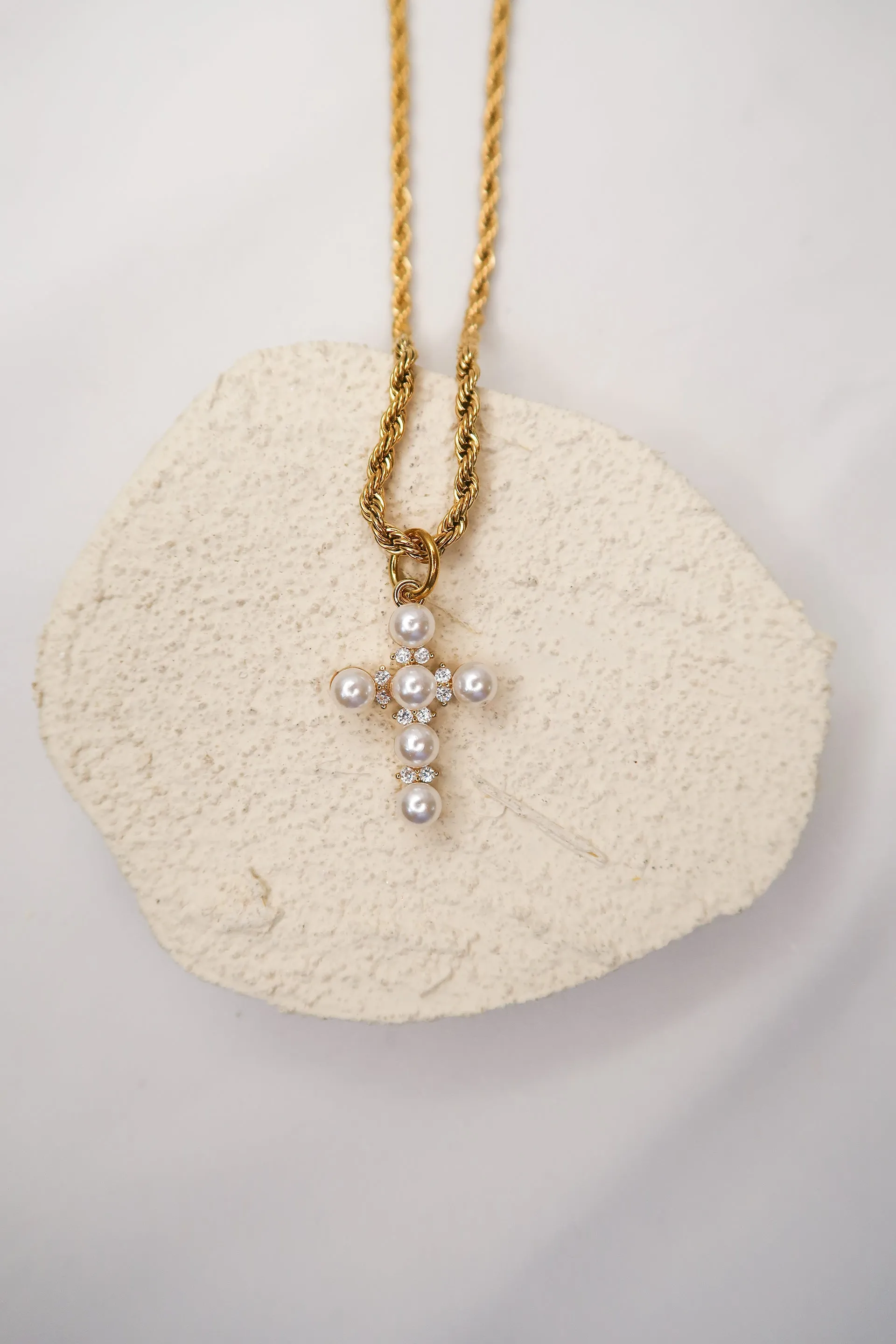 Pearl Cross Necklace 316L Stainless Steel Rope Necklace sold by KC Chic Designs