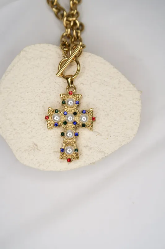 La Mar Pearl Gem Stone 316L Stainless Steel Cross Pendant Necklace sold by KC Chic Designs