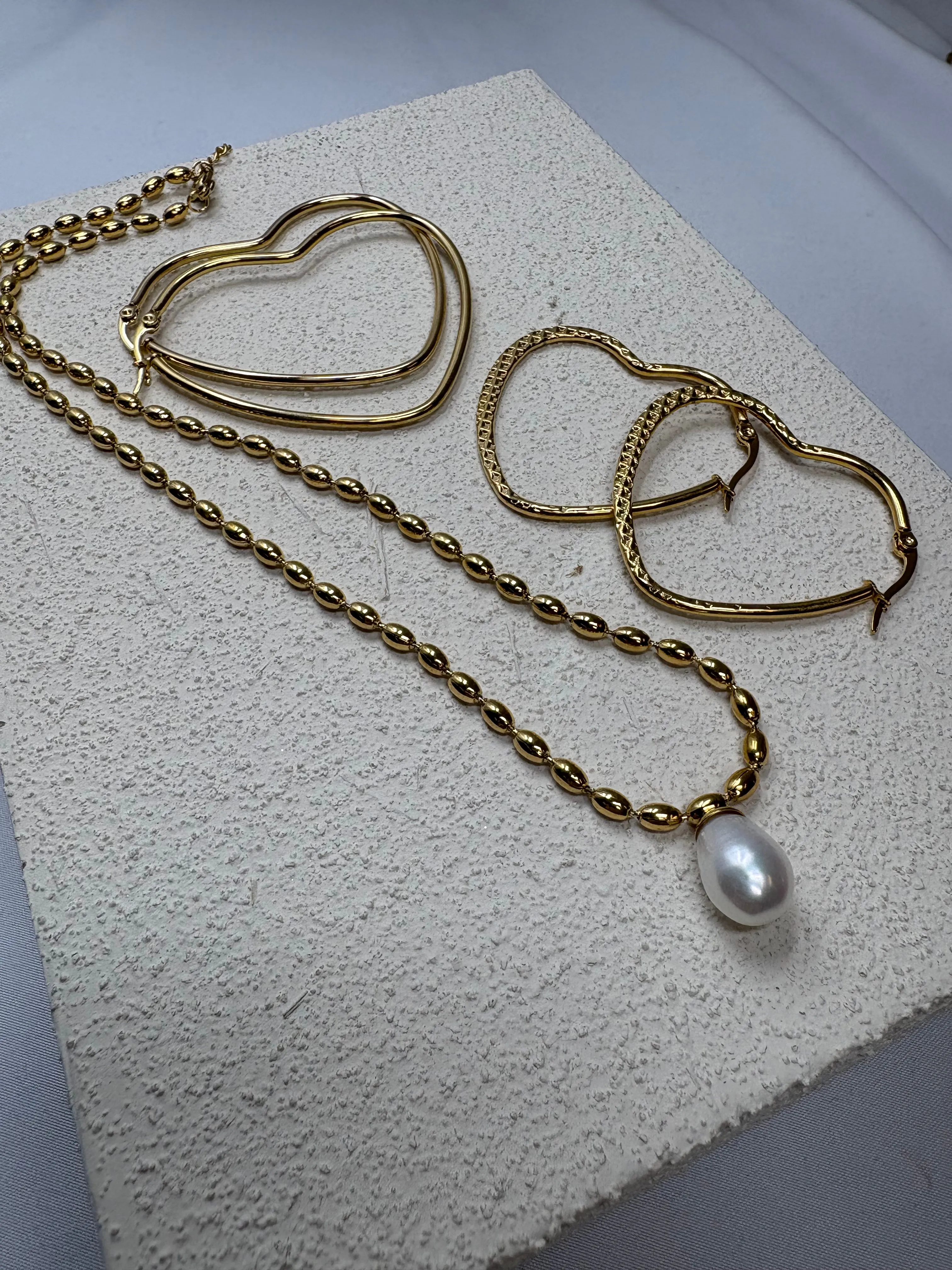Heart Hoops And Pearl Necklace Trio sold by KC Chic Designs
