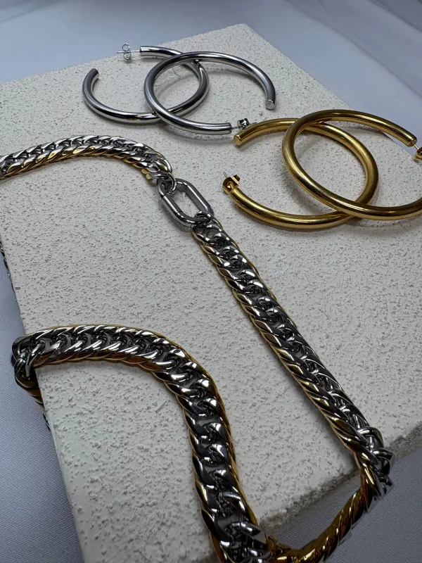 Mixed Metals Hoops And Necklace Trio sold by KC Chic Designs