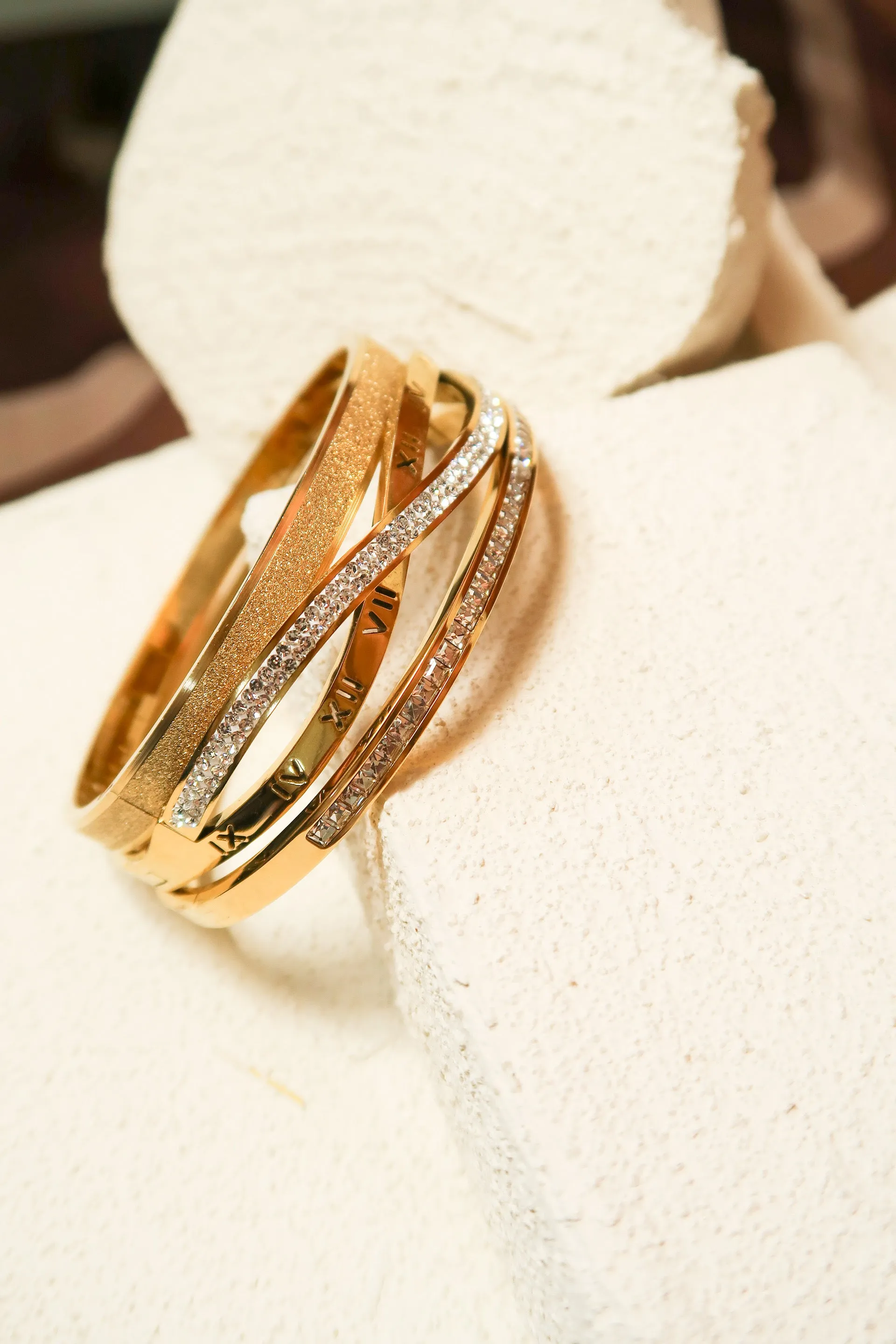 Roman Number 316L Stainless Steel Crystal Bangle Gold Trio sold by KC Chic Designs