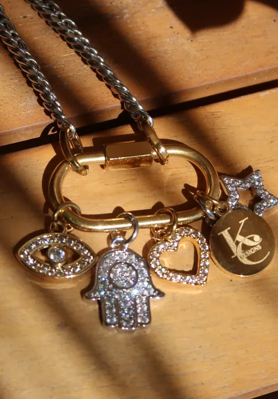 Charmed Life 5 Charm Two Tone 316L Stainless Steel Necklace sold by KC Chic Designs