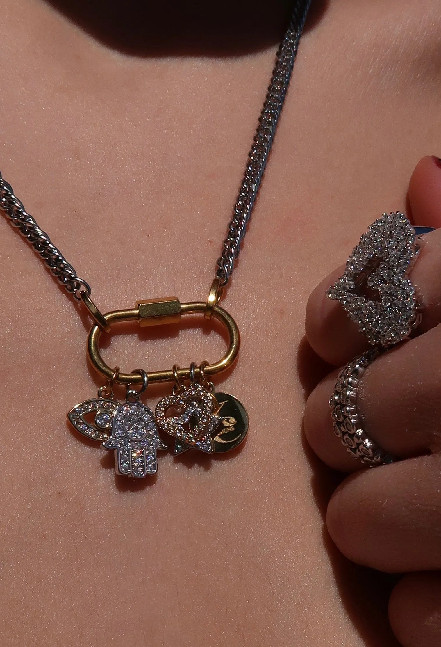 Charmed Life 5 Charm Two Tone 316L Stainless Steel Necklace sold by KC Chic Designs product image thumbnail 3