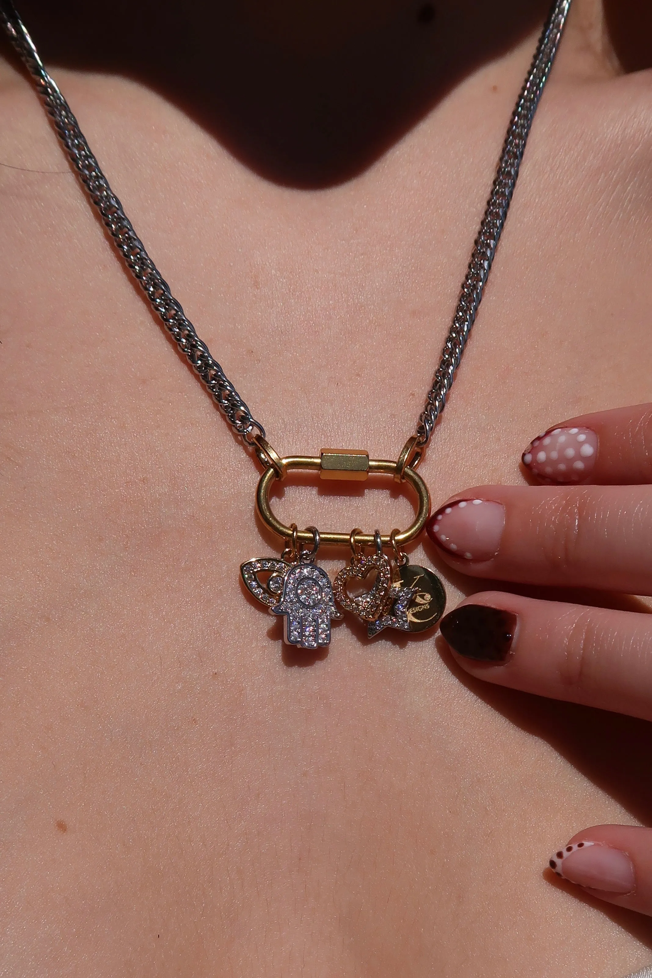 Charmed Life 5 Charm Two Tone 316L Stainless Steel Necklace sold by KC Chic Designs product image thumbnail 2