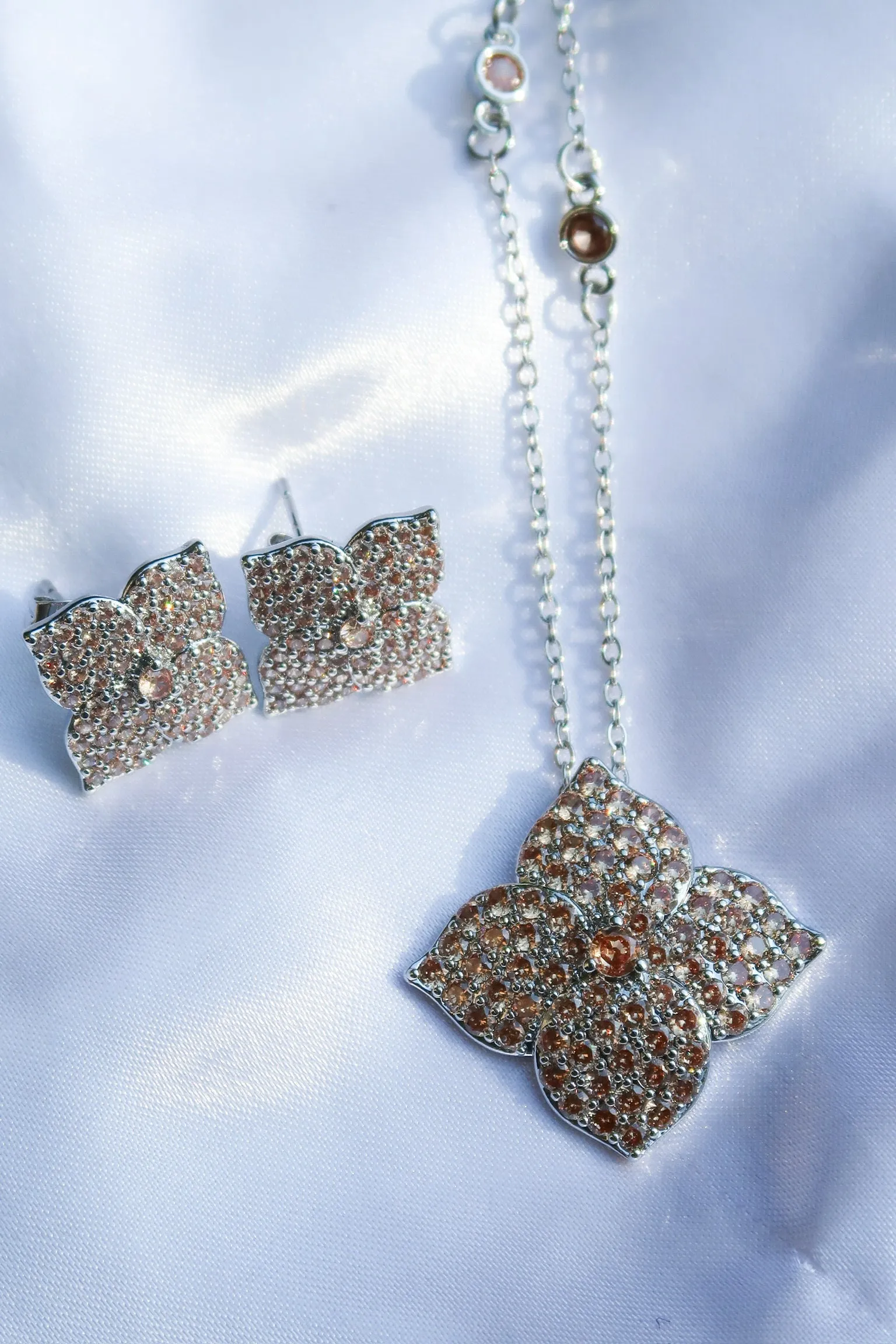 Crystal Champagne Blossom 316L Stainless Steel Necklace and Earrings Duo sold by KC Chic Designs product image thumbnail 2