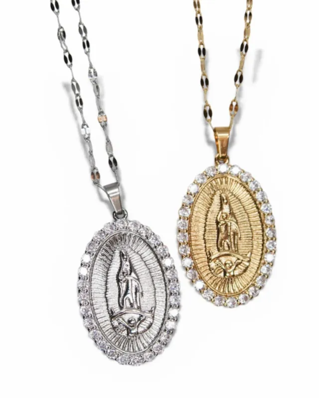 Blessed Mother 316L Sterling Silver Crystal Pendant Necklace made by KC Chic Designs
