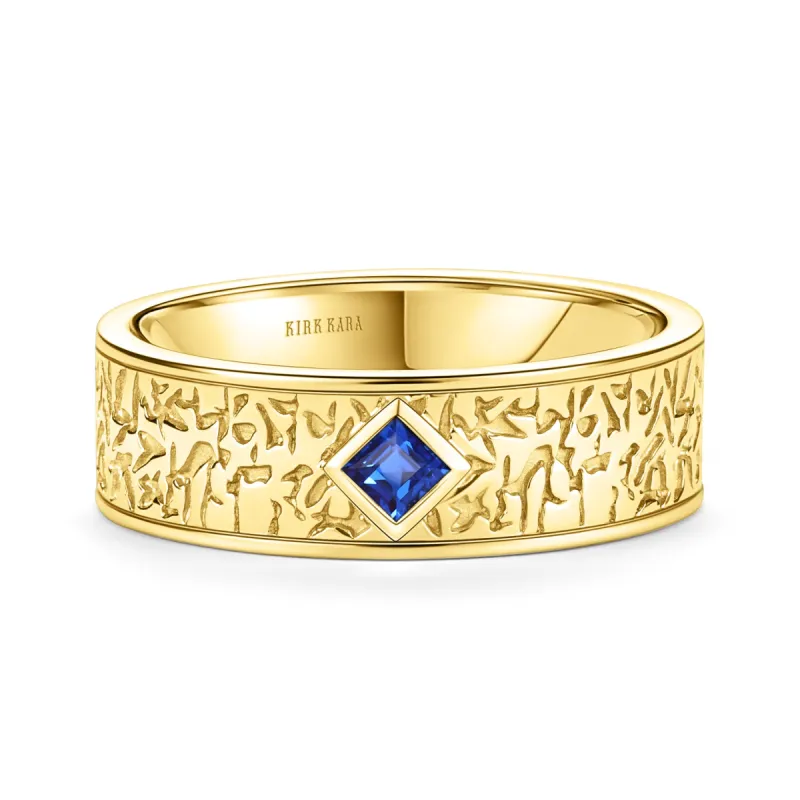 Bezel Blue Sapphire Nugget Engraved Wedding Band, 7mm sold by Kirk Kara