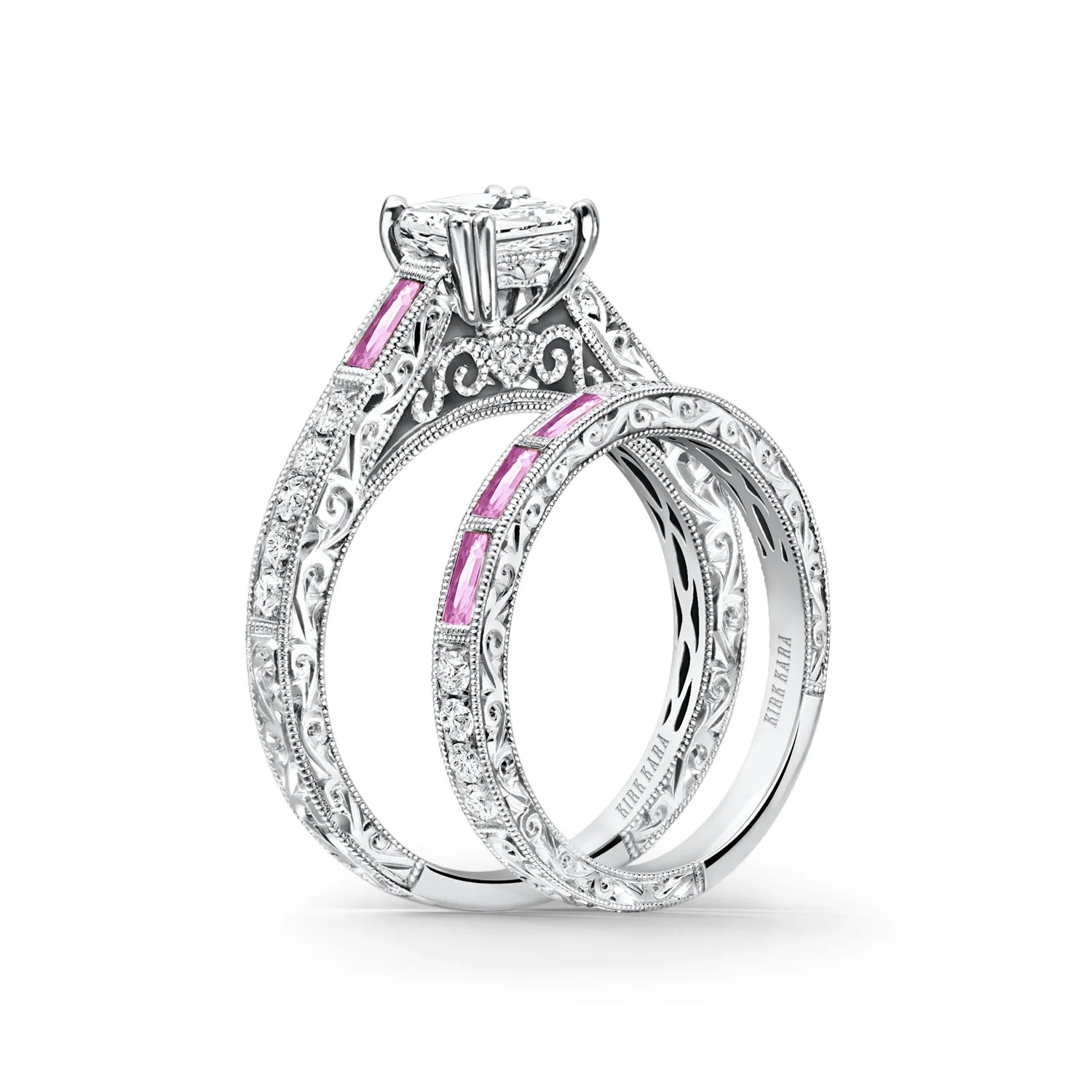 Baguette Engraved Pink Sapphire Diamond Engagement Ring sold by Kirk Kara product image thumbnail 3