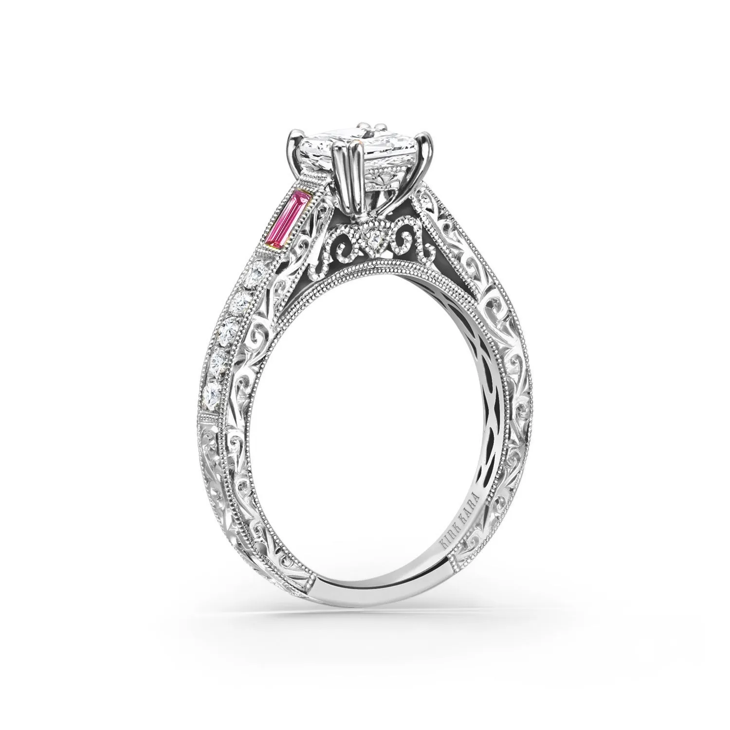 Baguette Engraved Pink Sapphire Diamond Engagement Ring sold by Kirk Kara product image thumbnail 2